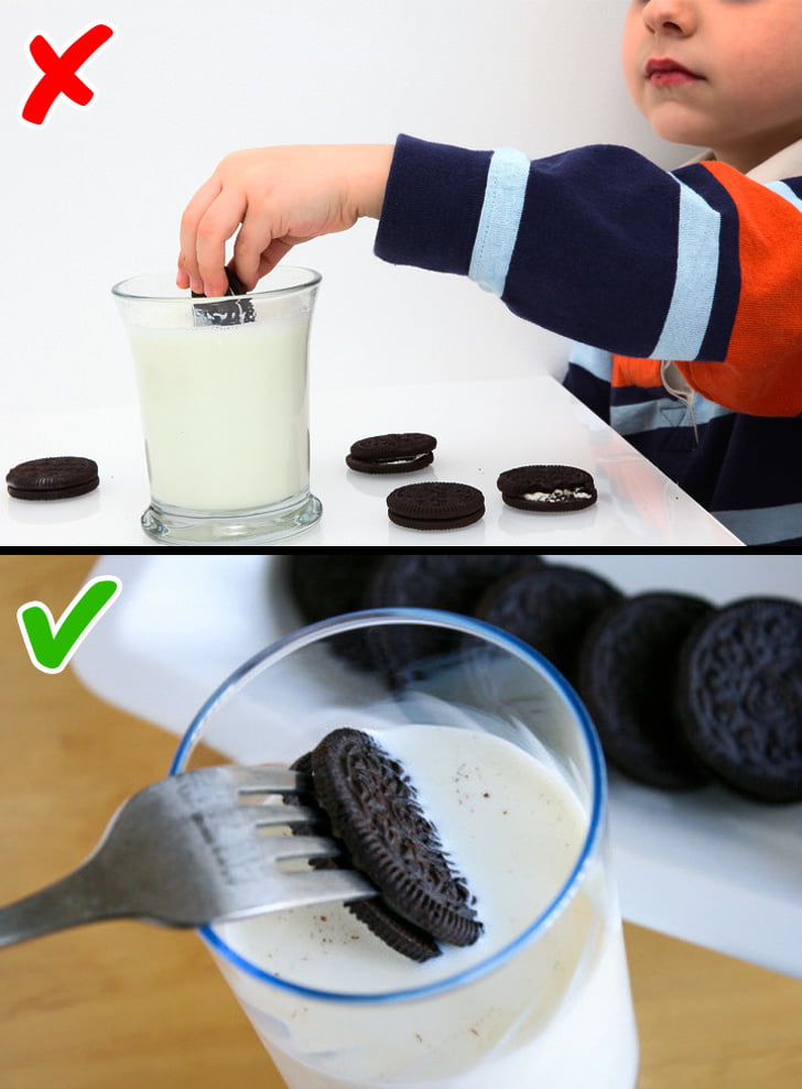 Putting Oreos in milk with our fingers