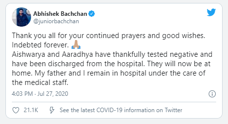 એશ્વર્યા રાય બચ્ચન અને આરાધ્યા બચ્ચનનો કોરોના રિપોર્ટ નેગેટિવ,હોસ્પિટલમાંથી કરવામાં આવ્યા ડિસ્ચાર્જ 5 gtfrv